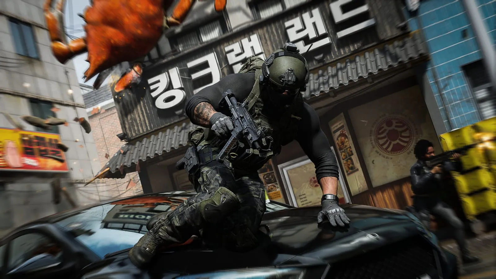 Call of Duty: Modern Warfare 4 – voják v helmě skáče přes auto na ulici v Soulu, kolem letí rozstřílená vývěska