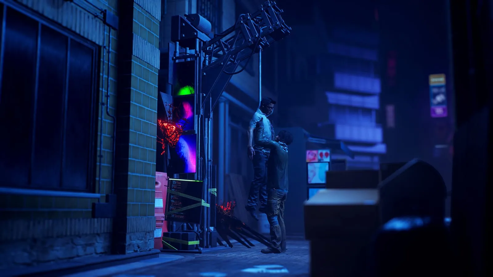 Dead by Daylight – přeživší zvedá zraněnou postavu v temné neonové uličce