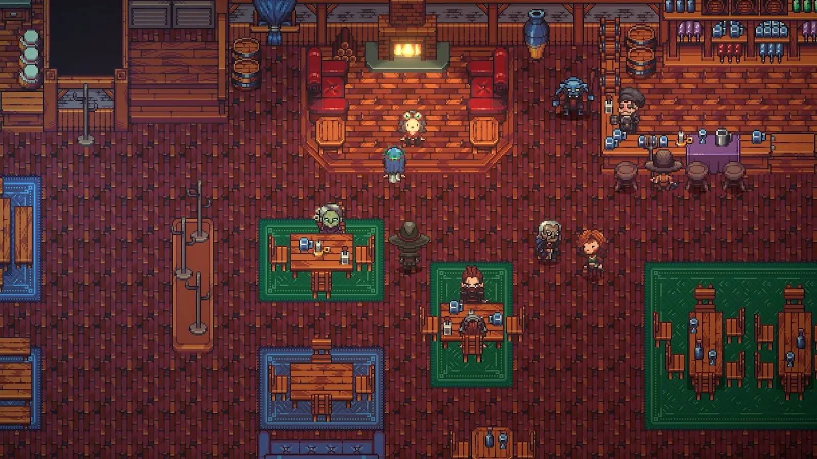 Emberville – pixelartová hospoda s postavami u stolů a krbem