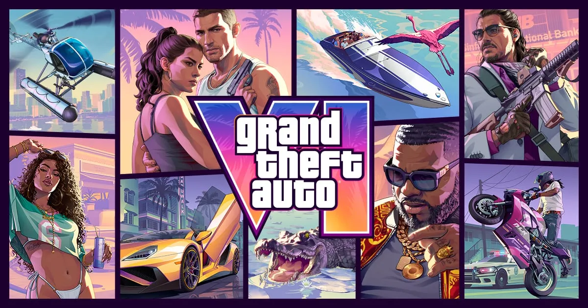 Grand Theft Auto VI – oficiální koláž s logem hry, Luciou a Jasonem a dalšími postavami