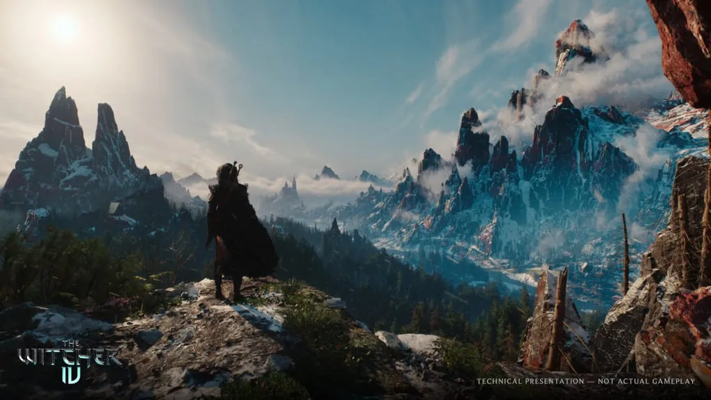 The Witcher 4 – Ciri stojí na skalním výběžku nad zasněženými horami Koviru, záběr z technického dema