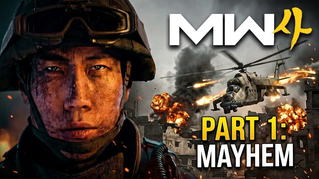Náhled videa: voják v helmě a vrtulník nad hořícím městem, Modern Warfare 4 mise 1 Mayhem
