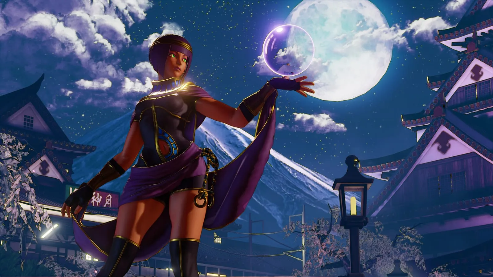 Street Fighter V – Menat s fialovou koulí před japonským hradem za úplňku