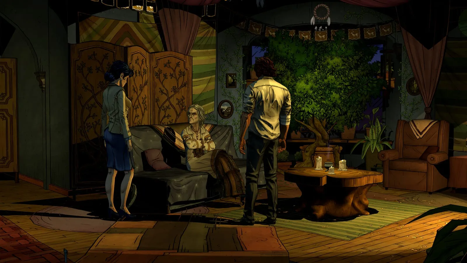 The Wolf Among Us Remastered – Bigby Wolf v bytě čarodějky s postavami Snow White a Crooked Man