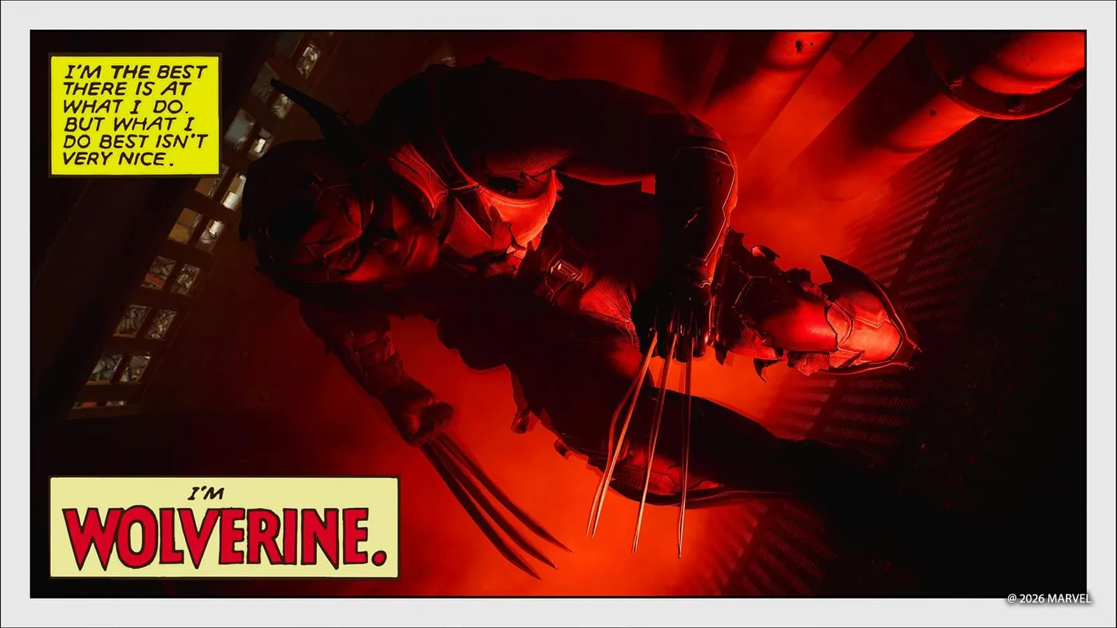 Wolverine s vysunutými drápy v červeném světle, snímek z fotorežimu hry Marvel's Wolverine